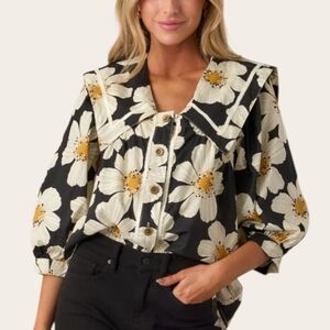 Entro 100% Cotton Black Floral Blouse Size Small NWT